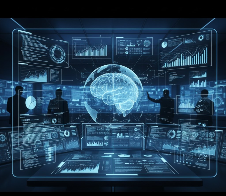 A futuristic digital workspace featuring a glowing holographic brain surrounded by interactive data dashboards and analytics screens. Several silhouetted figures collaborate in the background, symbolizing AI-powered decision-making and advanced data visualization in an enterprise environment.
