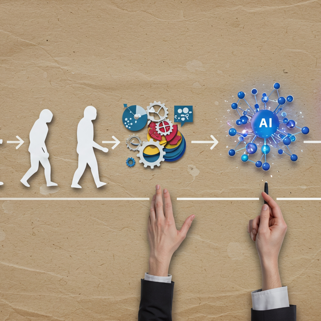 Concept of human evolution toward artificial intelligence, showing the transition from primitive stages to modern AI technology through gears and digital innovation icons.