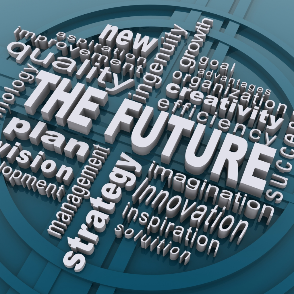 3D illustration of business keywords such as innovation, creativity, strategy, and growth surrounding the phrase “The Future,” symbolizing forward-thinking, corporate vision, and strategic planning.