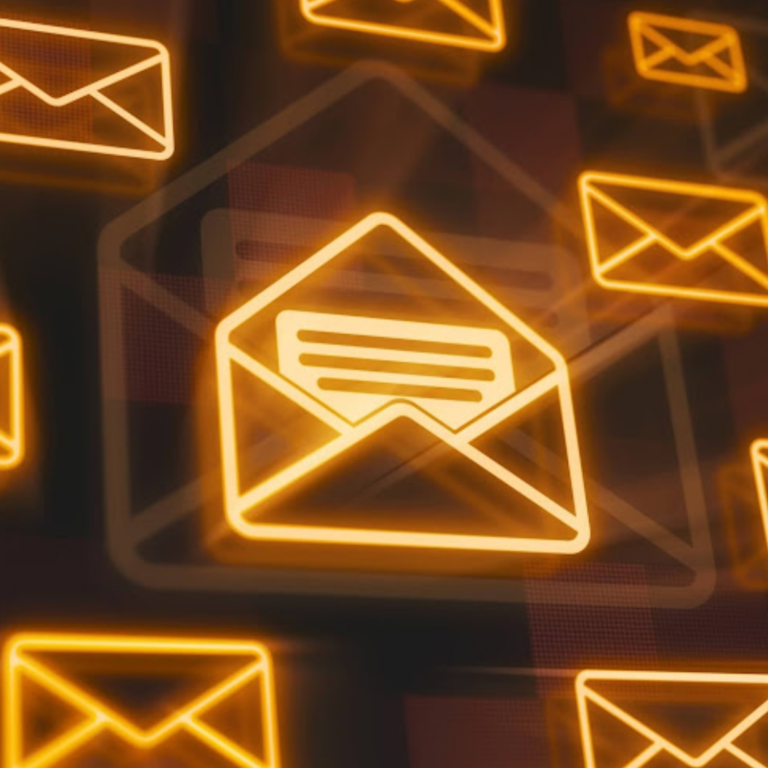 A glowing neon envelope icon representing digital communication and email automation, surrounded by multiple floating mail symbols on a dark background, symbolizing modern messaging, marketing, and connectivity.