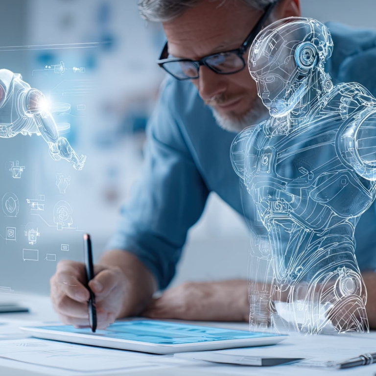 A professional working on a digital tablet surrounded by holographic blue projections of a humanoid robot and technical schematics, representing advanced AI-assisted design, engineering innovation, and the synergy between human creativity and artificial intelligence.