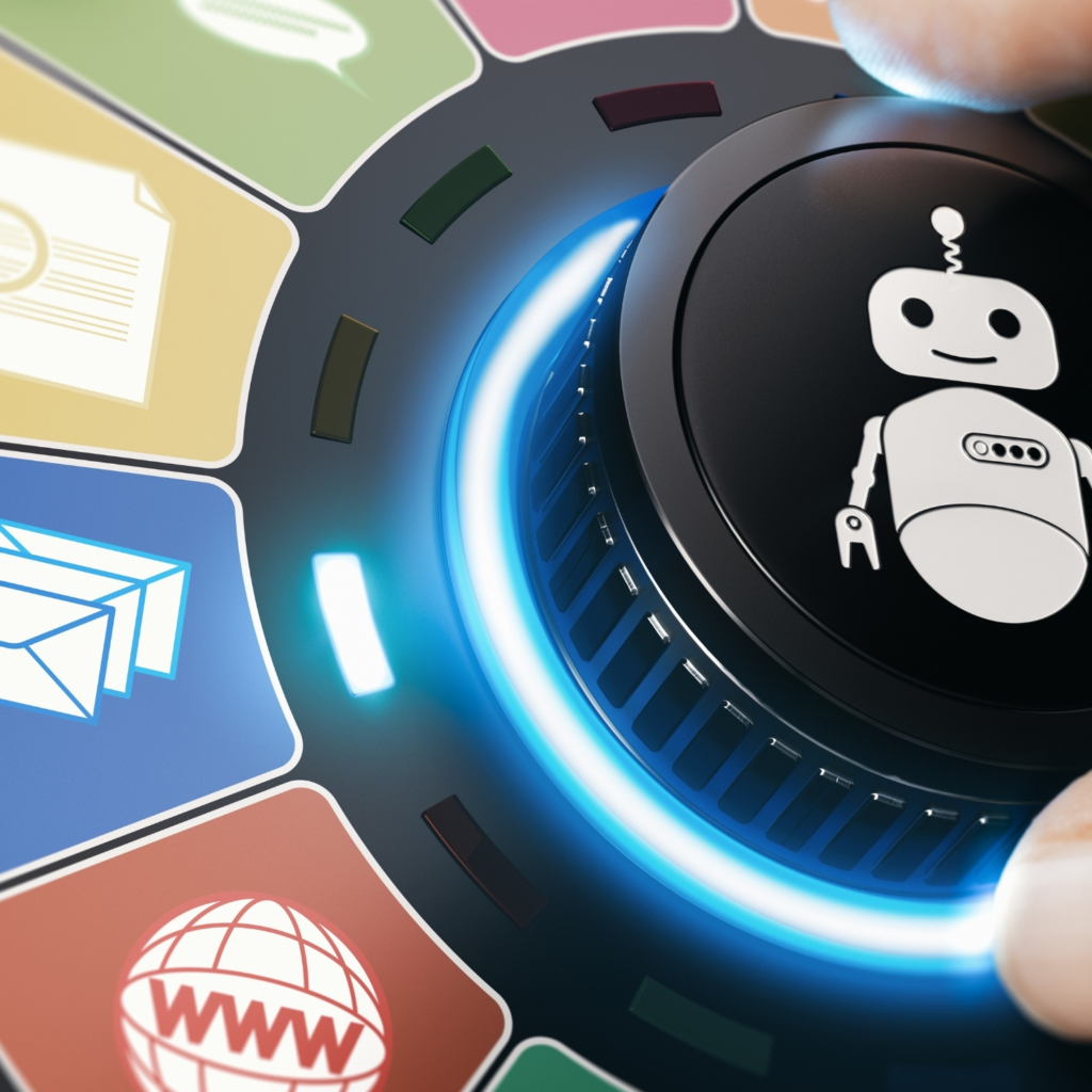 A glowing control dial with a robot icon symbolizing AI automation, surrounded by colorful digital icons for email, web, and communication applications.