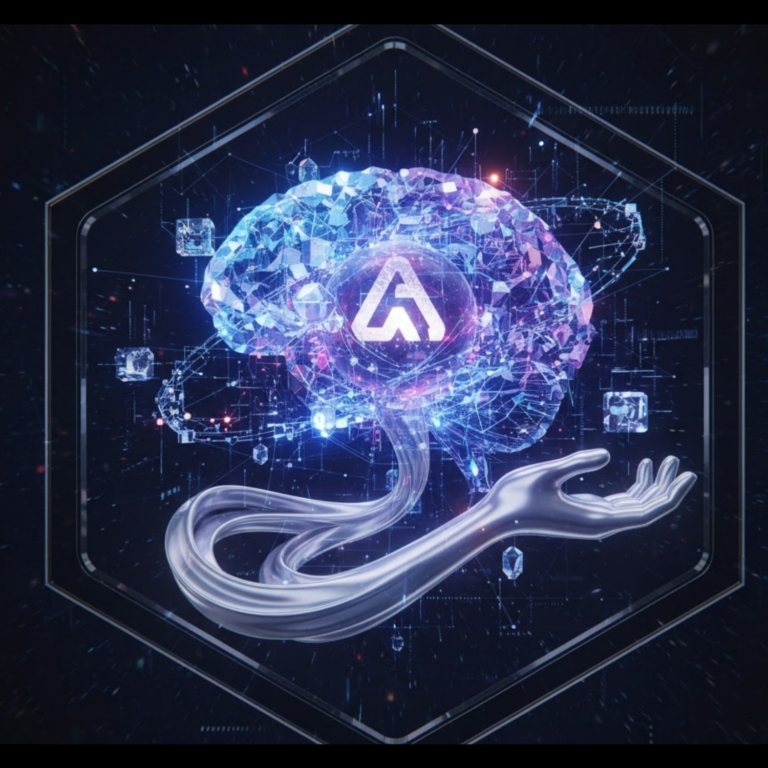 A futuristic digital brain made of glowing data nodes, supported by a metallic hand, symbolising artificial intelligence and human collaboration.