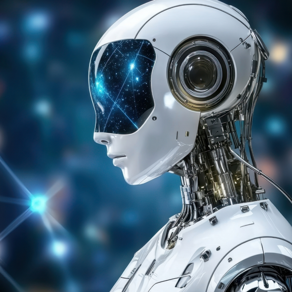 A sleek, futuristic humanoid robot with a white, glossy body and a transparent visor showcasing a starry sky. The intricate, detailed mechanical structure highlights advanced technology and innovation. This stunning image captures the essence of AI and robotics in the digital age, offering a visual representation of cutting-edge artificial intelligence and machine learning concepts. Ideal for showcasing modern AI developments or futuristic technology in design, media, and innovation content.