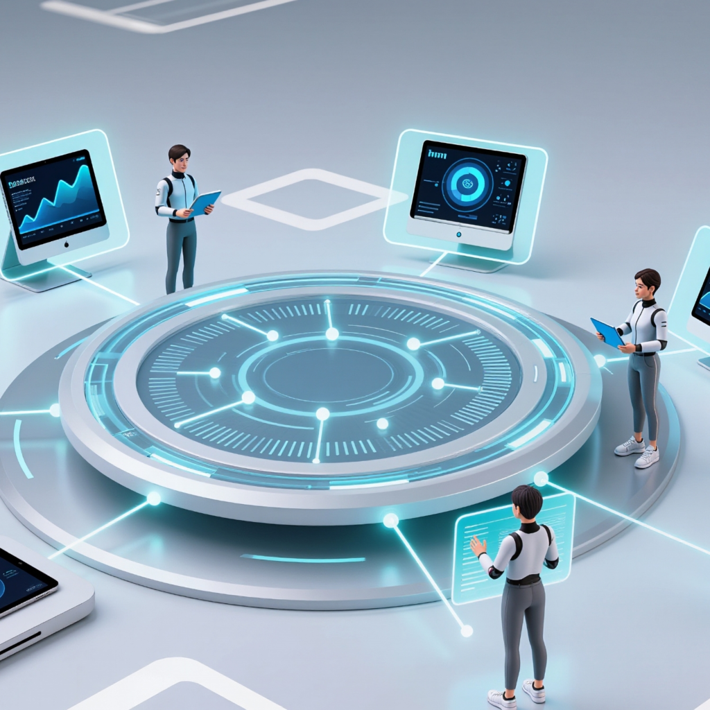 A cutting-edge digital workspace featuring a futuristic data analysis hub. The scene showcases multiple holographic displays showing analytics, graphs, and metrics, with a person interacting with the data via a tablet. The visual represents advanced technology, data-driven decision-making, and the digital transformation of businesses. This high-tech environment emphasizes the power of real-time data processing, AI, and futuristic user interfaces, perfect for tech, data analytics, and digital innovation content.