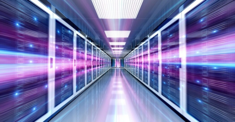 A visually stunning representation of a modern data center, featuring sleek server racks illuminated with vibrant purple and blue lights. This high-tech environment embodies cutting-edge infrastructure, designed to support the growing demand for cloud computing, big data, and advanced AI technologies. The image showcases a corridor lined with powerful servers, emphasizing speed, efficiency, and technological sophistication.