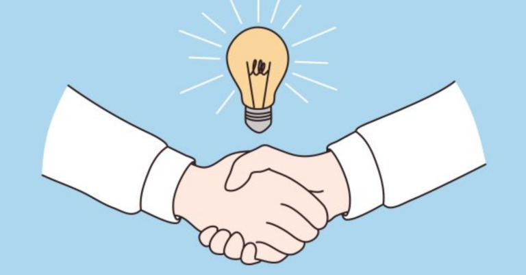 A minimalist illustration of a handshake with a glowing lightbulb above it, symbolizing collaboration and the generation of new ideas. The simple design, with its soft blue background and clean lines, reflects the power of partnership and innovation in problem-solving and creative thinking. This image represents the fruitful results of working together to spark new concepts and solutions.