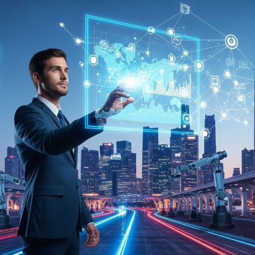 This image features a businessman in a suit standing in front of a high-tech holographic display, manipulating data visualizations, including graphs and global connections. The futuristic setting includes robotic arms working on a track in the foreground, and a city skyline with towering buildings in the background, symbolizing advanced technology and innovation. The scene combines business, data science, and automation in a modern, urban environment.