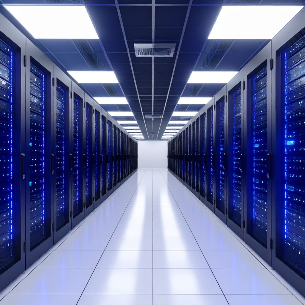 A clean, futuristic data center corridor lined with rows of black server racks illuminated by blue LED lights. The bright overhead panels and reflective white flooring highlight the scale and precision of the high-performance computing environment.