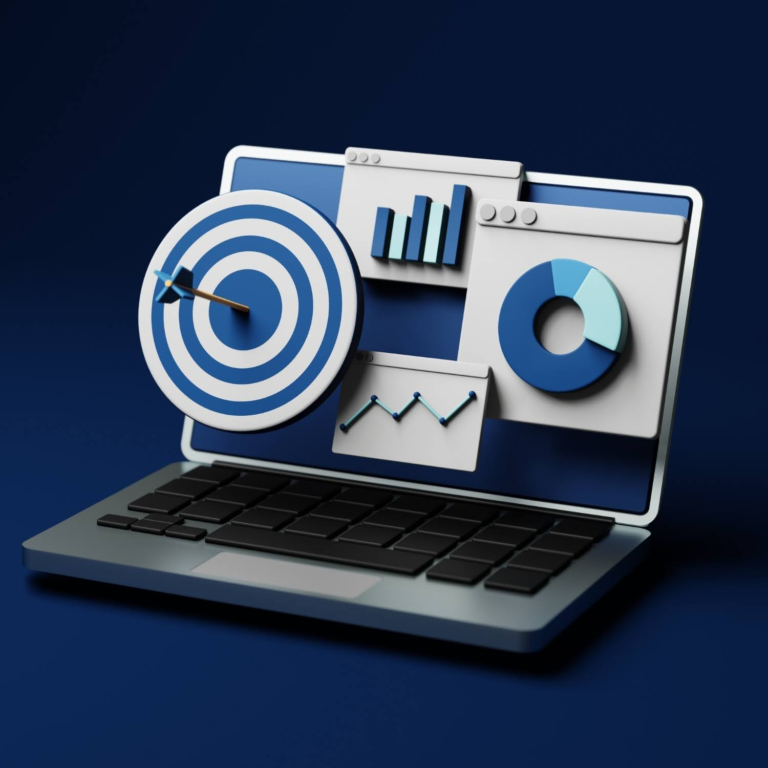 A 3D illustration of a laptop displaying various digital analytics elements, including a target with an arrow, bar charts, a pie chart, and a line graph. The design represents data-driven marketing, performance tracking, and strategic insights in a modern digital workspace.