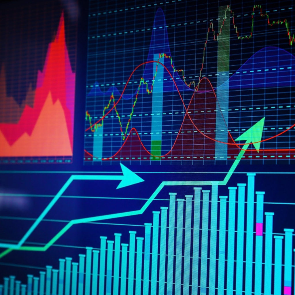 A close-up of a digital dashboard displaying financial analytics, including bar charts, line graphs, and trend curves in vibrant colors. The upward arrows and highlighted data points emphasize growth, performance tracking, and market trend analysis in a modern data-driven environment.