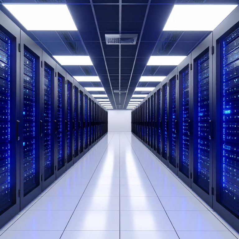 A clean, futuristic data center corridor lined with rows of black server racks illuminated by blue LED lights. The bright overhead panels and reflective white flooring highlight the scale and precision of the high-performance computing environment.