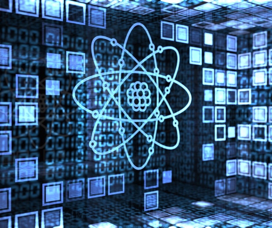 A glowing digital atom symbol displayed over a blue binary data background, representing quantum computing, advanced data processing, and next-generation enterprise technology.