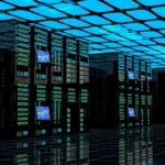 A futuristic data centre filled with high-performance server racks, green LED indicators, and digital monitoring screens, representing advanced cloud infrastructure, AI computing power, and enterprise-scale data processing.