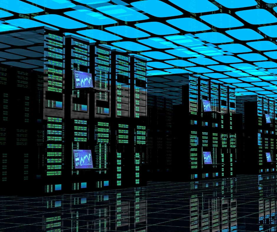 A futuristic data centre filled with high-performance server racks, green LED indicators, and digital monitoring screens, representing advanced cloud infrastructure, AI computing power, and enterprise-scale data processing.