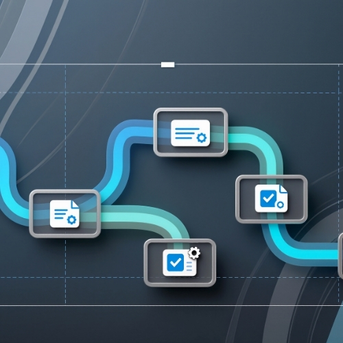 This image shows a stylized workflow automation diagram featuring a connected sequence of digital process icons. The curved pathway highlights various stages such as documentation, approvals, system configuration, and task verification. The design represents automated workflows, enterprise process optimisation, and modern digital transformation tools commonly used in B2B operations, IT workflows, and business process management systems.