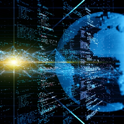 Abstract visual of a digital globe with interconnected data streams and neural networks, representing global data infrastructure, AI intelligence, and real-time connectivity driving modern digital enterprises.