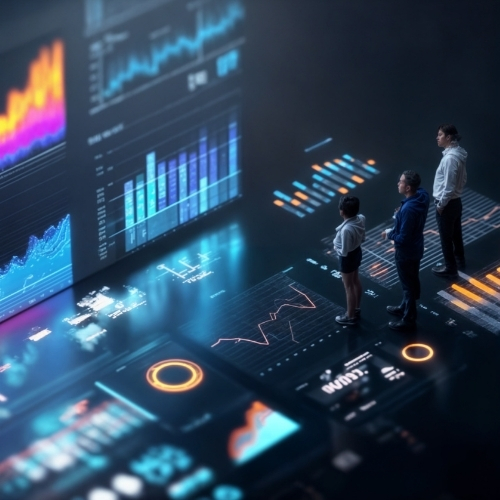 Professionals analysing advanced AI-powered dashboards with real-time charts and performance metrics, illustrating data intelligence, predictive analytics, and strategic decision-making in modern digital enterprises.