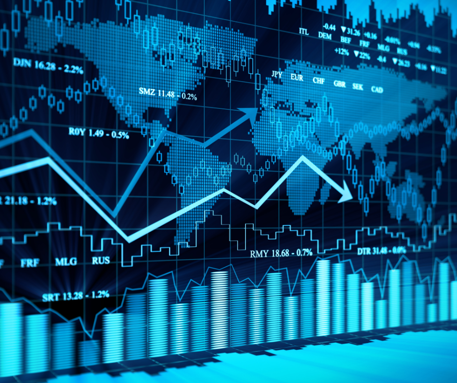 Digital world map overlaid with real-time financial charts, market indicators, and performance graphs, illustrating global data analytics, enterprise intelligence, predictive insights, and data-driven decision-making across international markets.