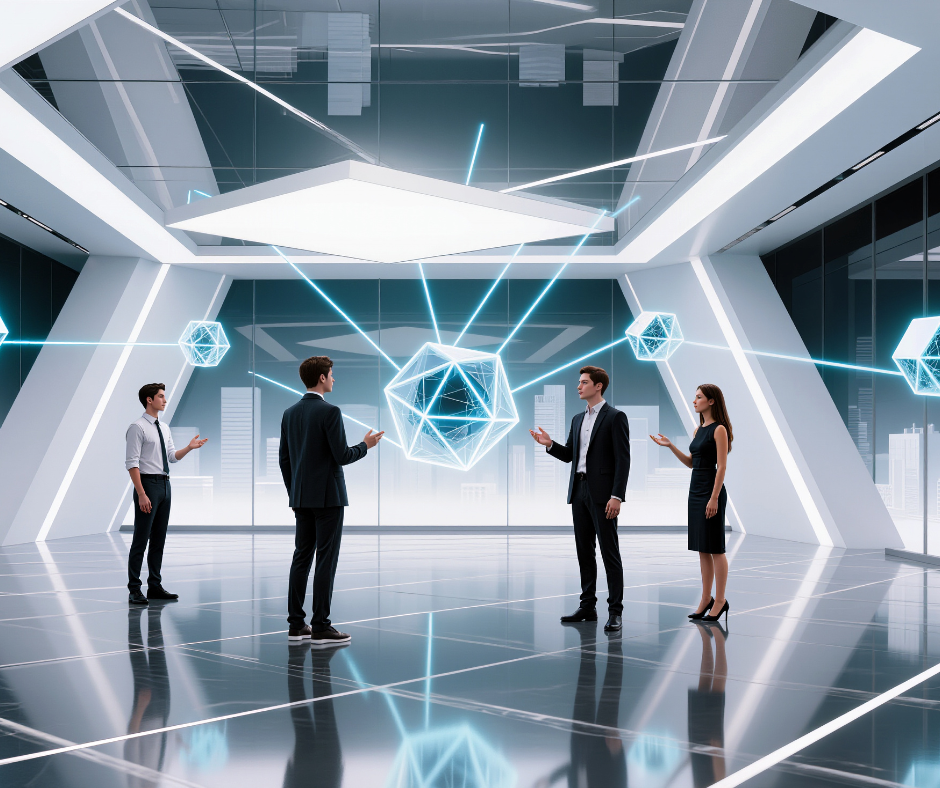 Business professionals collaborating in a futuristic enterprise environment with interconnected AI data models and digital networks, representing intelligence-driven strategy, advanced analytics, and collaborative decision-making in modern enterprise organisations.