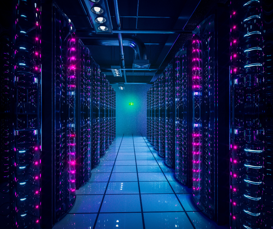 Enterprise data centre with high-performance server racks supporting AI workloads, cloud computing and secure data processing