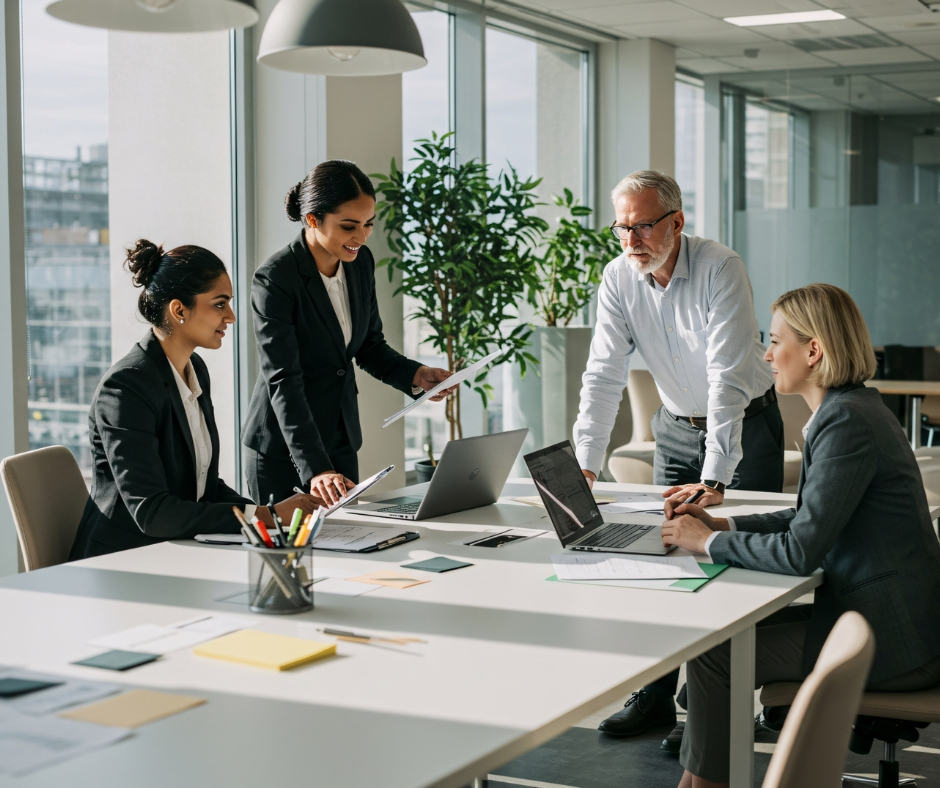 A diverse group of business leaders collaborating around a conference table with laptops and documents, representing strategic planning, executive decision-making, data-driven collaboration, and modern enterprise operations in a professional office environment.