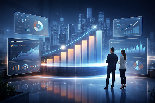 Futuristic enterprise analytics scene showing business professionals analysing real-time data dashboards, performance charts, and upward growth metrics, representing intelligence-driven decision-making, digital transformation, and modern B2B revenue optimisation.
