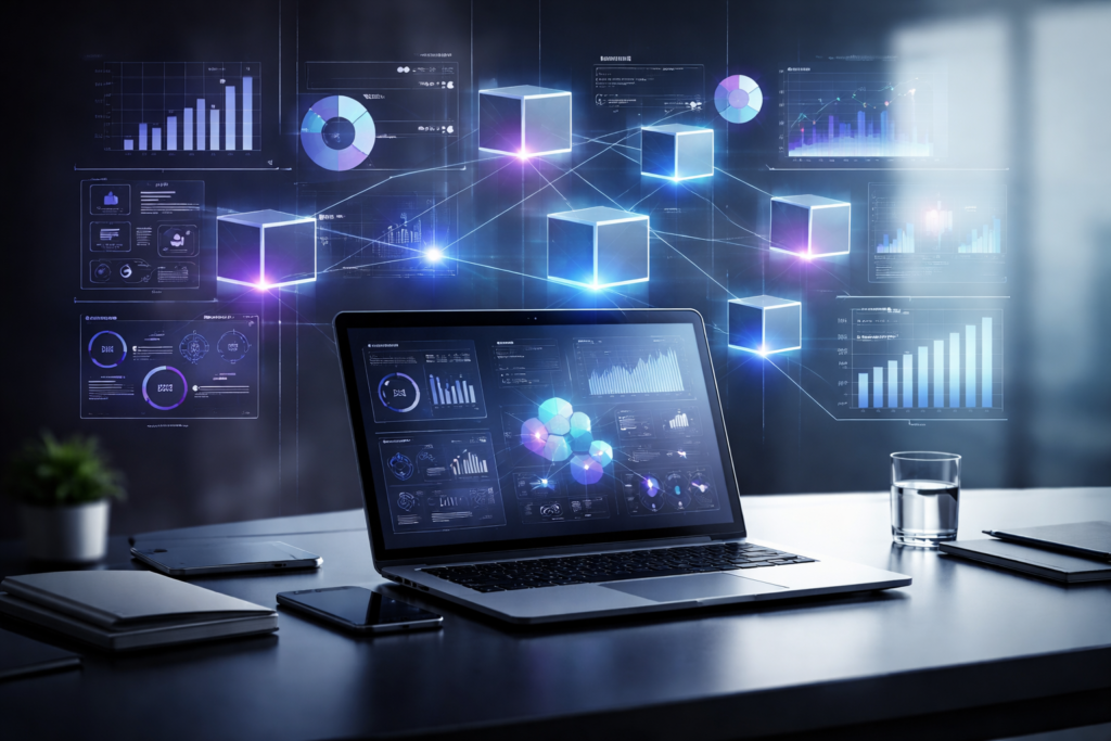 A modern enterprise workspace showcasing AI-powered data analytics, interconnected data systems, and real-time business intelligence dashboards. The visual represents composable data architectures, advanced analytics, and insight-driven decision-making for B2B organisations.