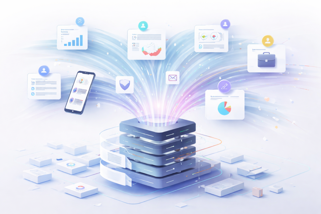 A visual representation of a composable enterprise data platform where multiple data sources converge into a unified intelligence layer. The image illustrates AI-driven analytics, secure data orchestration, and real-time insight delivery across business, customer, and operational systems for modern B2B organisations.