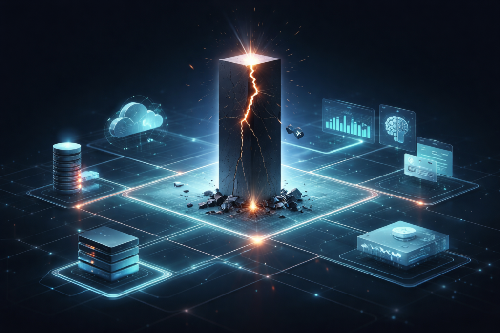 A visual metaphor illustrating the breakdown of a monolithic enterprise technology stack under modern data, cloud, and AI demands. The image highlights the risks of rigid architectures, integration bottlenecks, and scaling limitations, reinforcing the shift toward composable, modular systems for resilient, insight-driven B2B operations.
