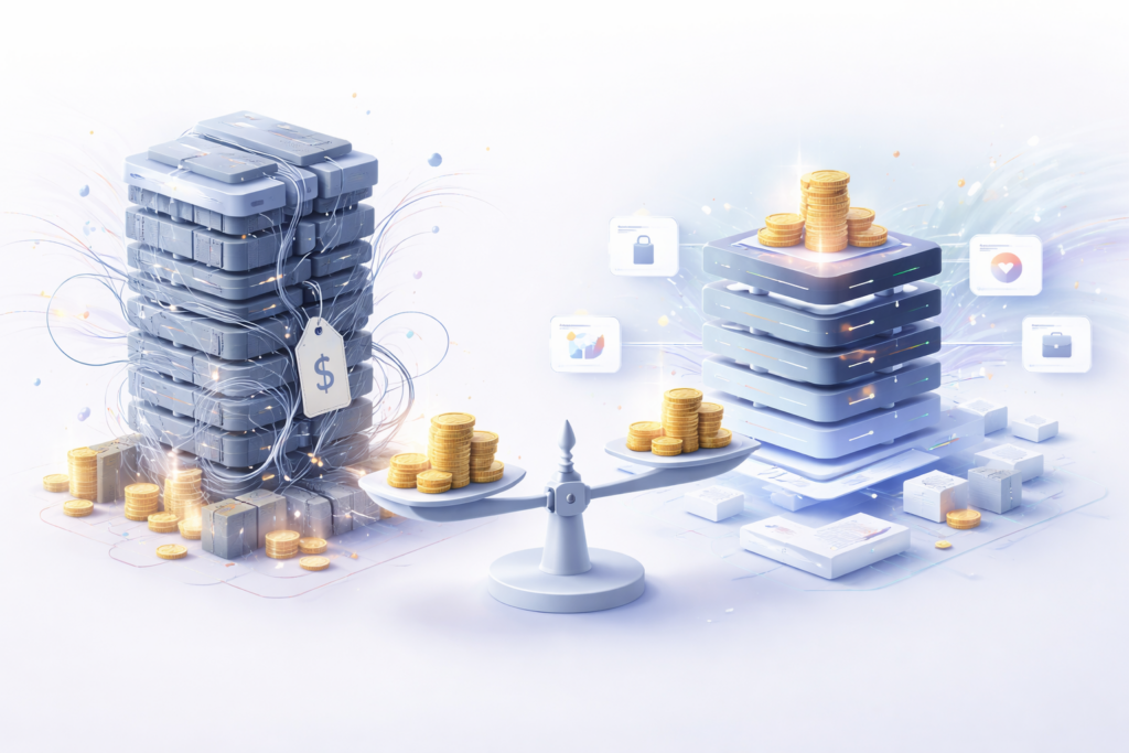 A visual comparison showing the hidden costs of monolithic enterprise systems versus the efficiency of composable, modular platforms. The image illustrates how streamlined architectures reduce integration overhead, improve scalability, and deliver stronger return on investment for modern B2B organisations.