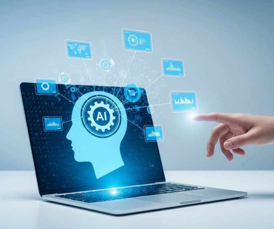 A modern visual depicting human interaction with an AI-driven analytics platform, highlighting the role of artificial intelligence in augmenting decision-making, analysing business data, and enabling intelligent automation across enterprise workflows.