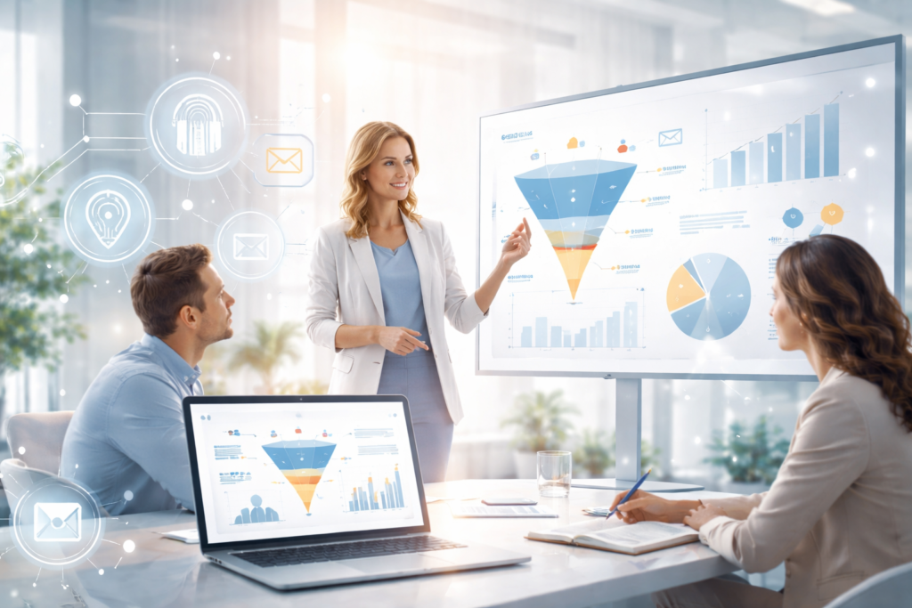 Business professionals reviewing a data-driven B2B marketing strategy during a team meeting, featuring a sales funnel visualisation, performance charts, and digital analytics dashboards that illustrate lead generation, customer journey insights, and enterprise growth metrics.