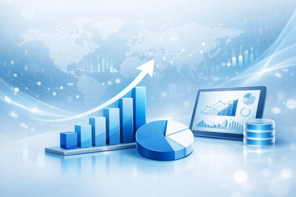 Data analytics dashboard showing business growth with upward bar chart, pie chart, global market map and performance metrics