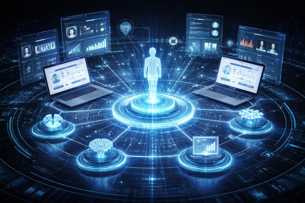 A futuristic digital ecosystem displaying AI-driven customer intelligence, predictive analytics models and unified account-based marketing dashboards connected across multiple devices. The visual represents behavioural scoring, data integration, machine learning insights and revenue-focused B2B decision-making in a high-tech analytics environment.