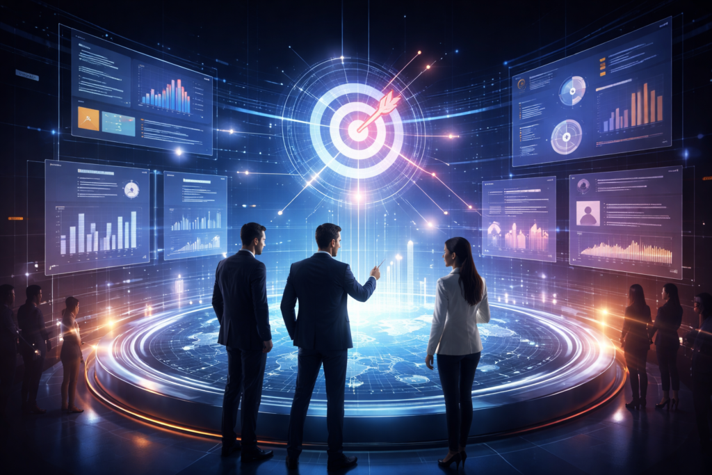 A team of business professionals reviewing AI-powered analytics dashboards and account-based experience (ABX) performance metrics, visualising revenue targets, pipeline velocity, and account penetration in a high-tech digital command centre environment.