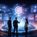 A team of business professionals reviewing AI-powered analytics dashboards and account-based experience (ABX) performance metrics, visualising revenue targets, pipeline velocity, and account penetration in a high-tech digital command centre environment.