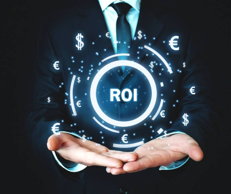 Business professional holding a glowing ROI digital interface with currency symbols, representing AI-powered return on investment analysis, financial growth, revenue optimisation, and data-driven enterprise performance.