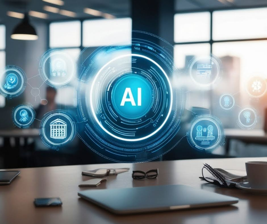 Futuristic AI interface displayed in a modern office workspace, featuring a central artificial intelligence dashboard with digital analytics icons representing automation, data intelligence, cloud systems, and enterprise technology solutions.
