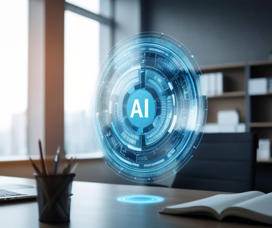 Holographic AI interface projected above a desk in a modern office workspace, symbolising enterprise artificial intelligence, automation, data analytics, and digital transformation technologies.