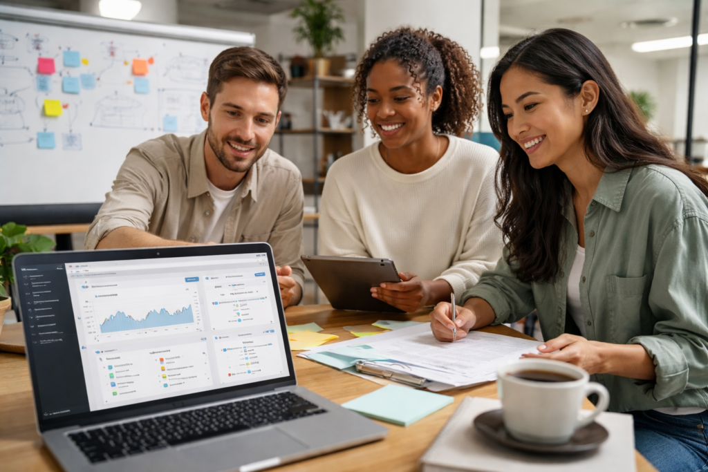 A group of business professionals collaborating in a modern office while reviewing digital marketing analytics dashboards on a laptop and tablet. The image represents data-driven decision-making, campaign performance tracking, marketing automation insights and collaborative B2B growth strategy planning.