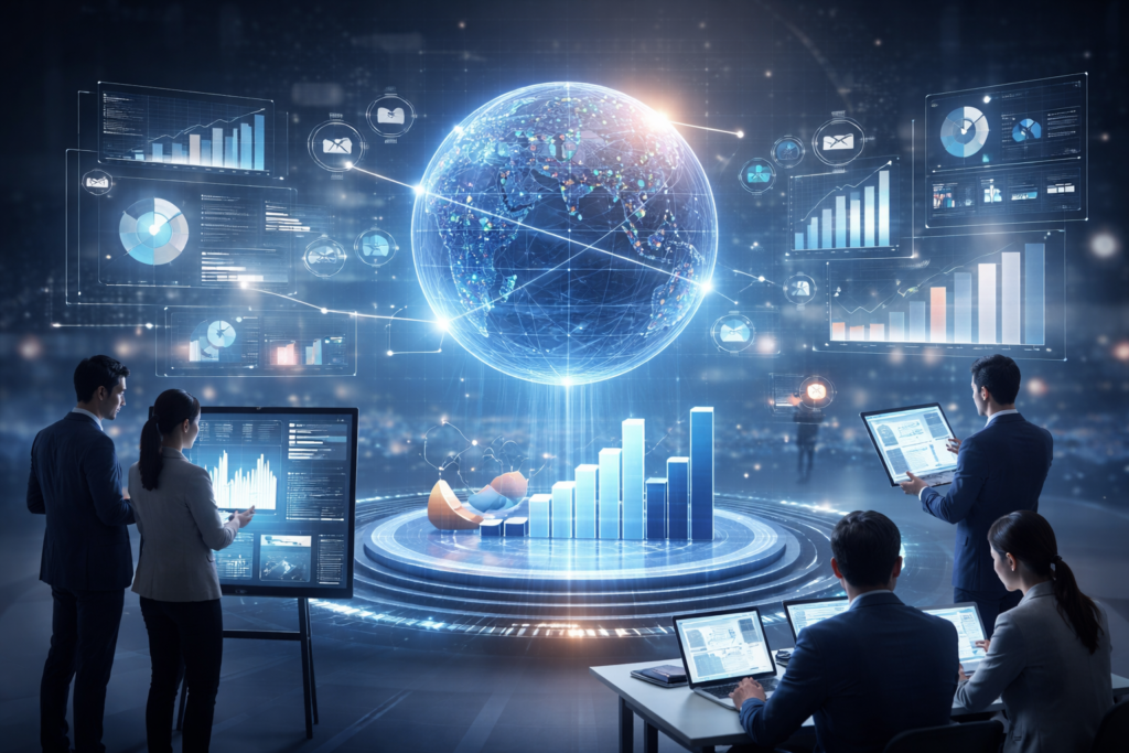 A professional team analysing global business intelligence dashboards with AI-driven data visualisation, revenue growth charts and real-time performance metrics displayed around a digital globe. The image represents enterprise analytics, international market insights, predictive forecasting and data-driven B2B revenue strategy execution.