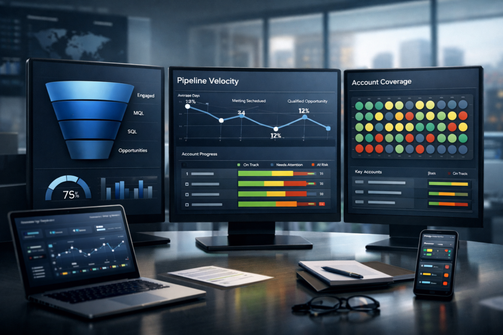 A professional multi-screen analytics setup showcasing B2B revenue dashboards, including pipeline velocity tracking, account coverage insights, sales funnel performance and engagement metrics. The image represents data-driven revenue operations, ABX performance monitoring and enterprise-level business intelligence reporting.