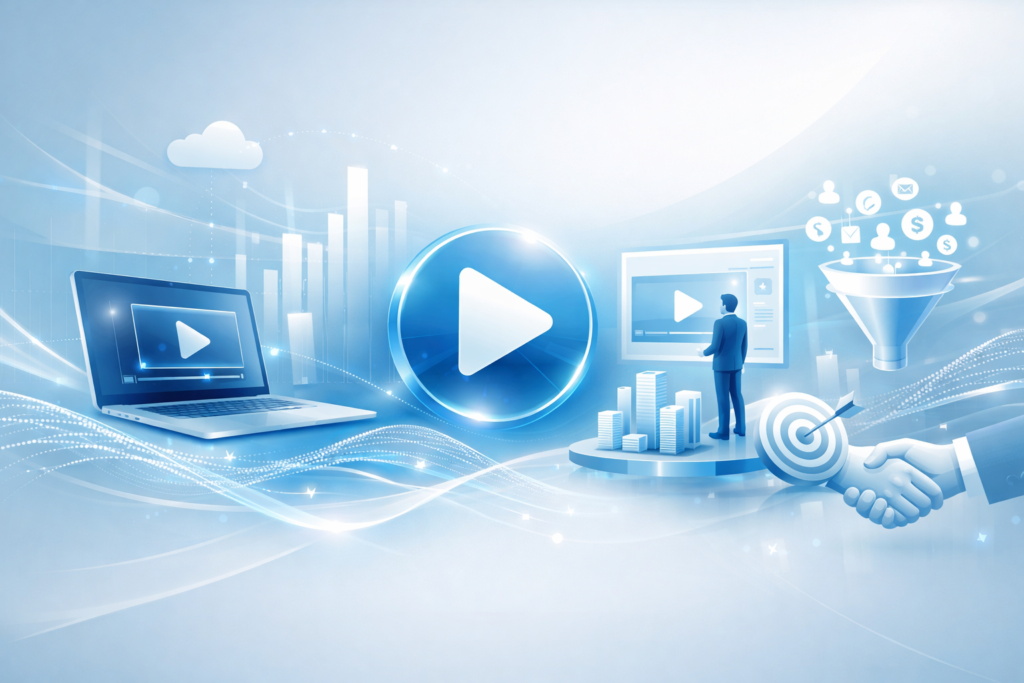 A modern illustration representing AI-driven B2B video marketing, featuring video content analytics, lead funnel optimisation, performance measurement dashboards, and data-powered demand generation workflows for enterprise growth.