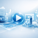 A modern illustration representing AI-driven B2B video marketing, featuring video content analytics, lead funnel optimisation, performance measurement dashboards, and data-powered demand generation workflows for enterprise growth.