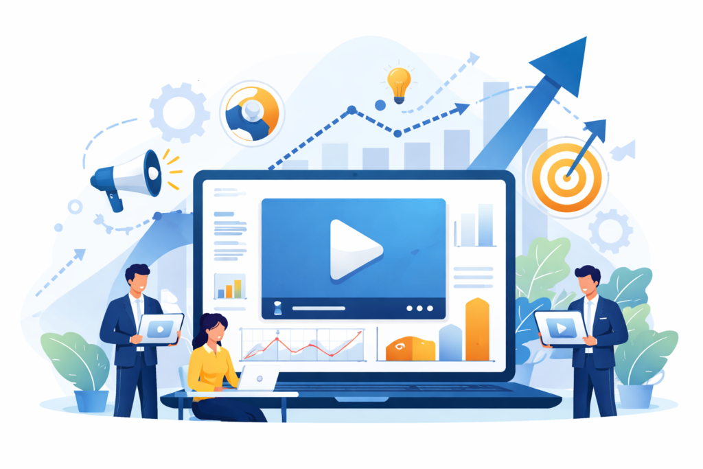 B2B marketing team analysing video performance dashboards, growth metrics, and demand generation insights on a digital analytics platform