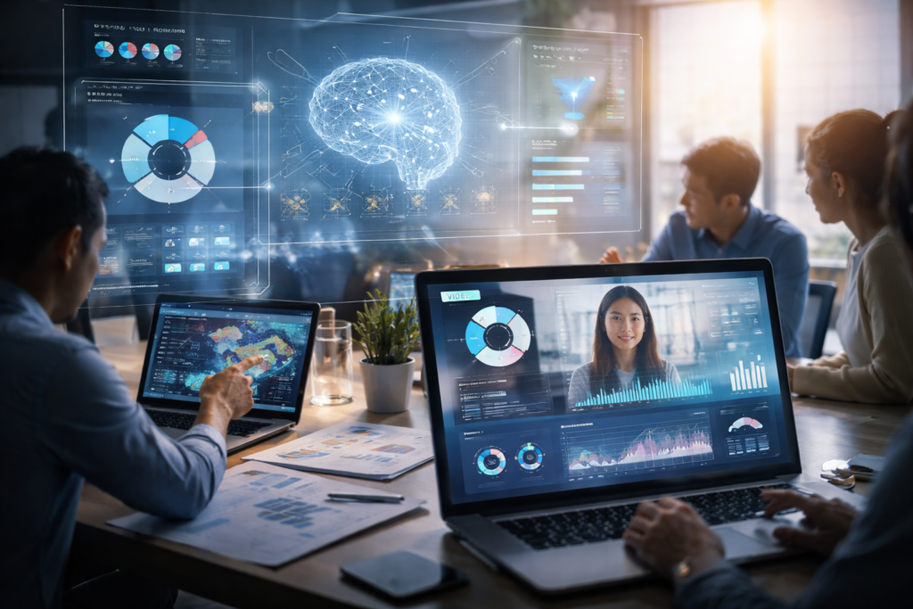 B2B team analysing AI-driven dashboards with video analytics, predictive insights, and performance data during a strategic planning session