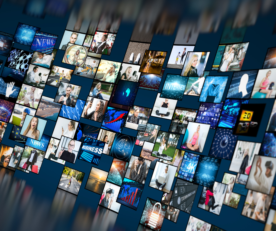 Omnichannel digital media wall showing diverse video and content assets used for data-driven B2B marketing and audience engagement