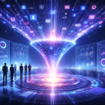 Futuristic visualization of a digital data funnel aggregating customer signals, engagement data, and communication channels into a central analytics platform, symbolizing AI-driven marketing intelligence, real-time analytics, and modern data-driven enterprise decision making.