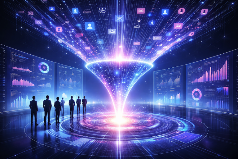 Futuristic visualization of a digital data funnel aggregating customer signals, engagement data, and communication channels into a central analytics platform, symbolizing AI-driven marketing intelligence, real-time analytics, and modern data-driven enterprise decision making.